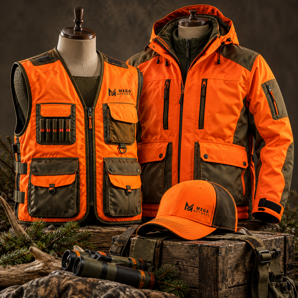 Blaze orange hunting vest, hooded jacket, and matching cap with olive utility panels, multiple pockets, rugged outdoor details, and visible Mega Apparel branding displayed on mannequins.